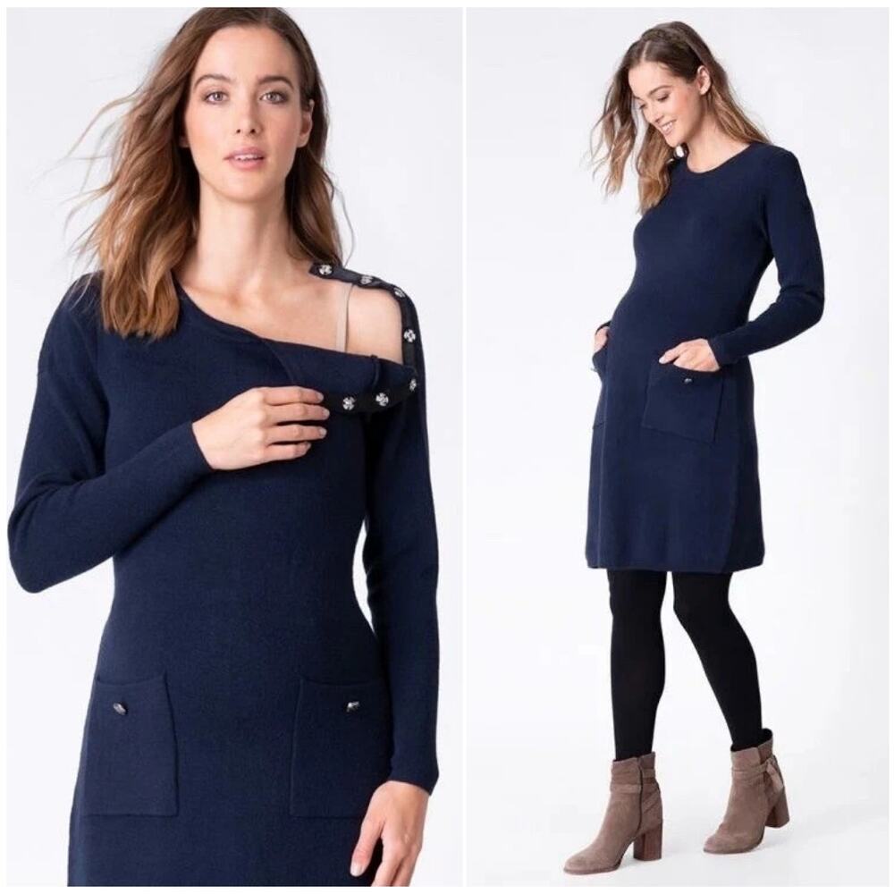SERAPHINE -NWT- Maternity Navy Blue Knit Pocket Detail Sweater Dress | 14